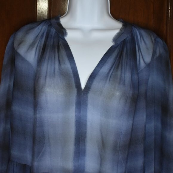 Rebecca Taylor Plaid Silk Blouse Size 4 Long Sleeve Sheer V-neck New - Picture 8 of 15